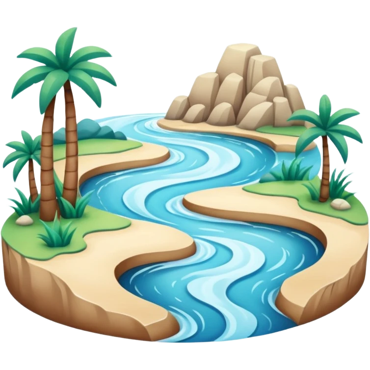 A 3D cartoon estuary where a river flows into the ocean, visible water color blend, soft natural lighting, Memoji-style. emoji