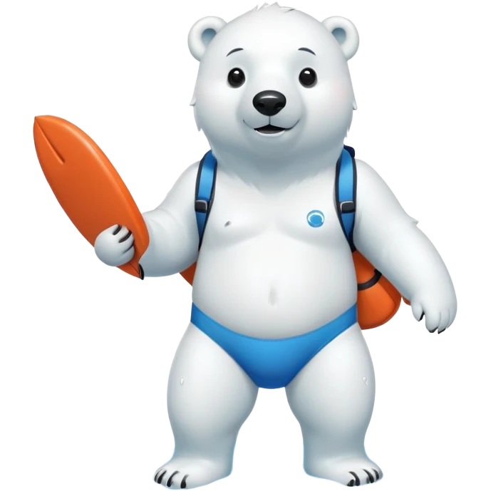 full body friendly anthropomorphised polar bear wearing swim suit with board shorts below the knee and scuba goggles, holding a life buoy, standing in a puddle emoji