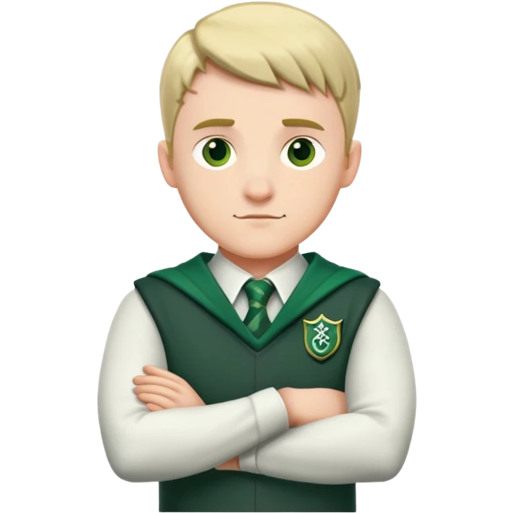 An adult man slightly to the side looking forward with crossed arms wearing the Slytherin uniform emoji