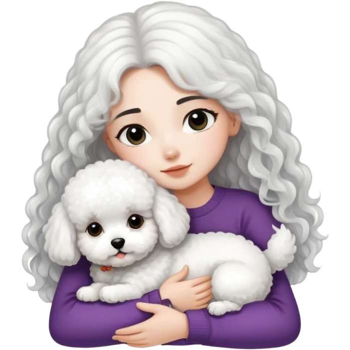 A girl with long straight black hair hugs a white curly-haired Bichon Frise puppy emoji