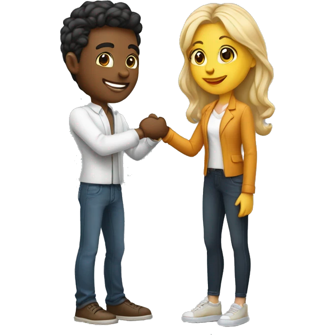 an adult restaurant owner and a young blogger shaking hands, both with fair skin, in great detail emoji