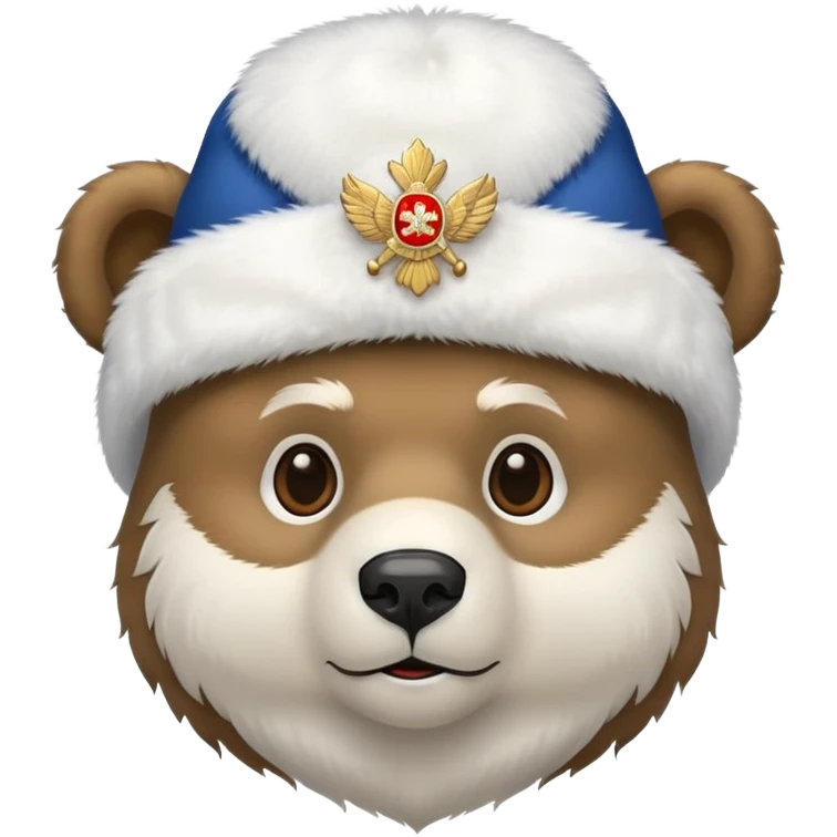 Friendly bear face with white fluffy ushanka hat with prominent Russian emblem in the middle, iOS emoji style emoji
