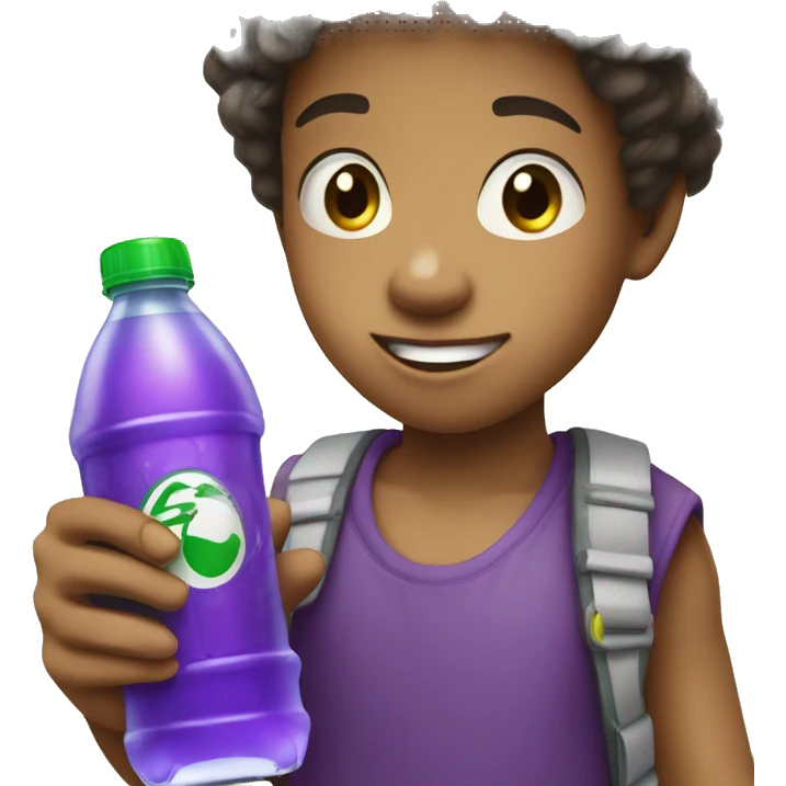 Blasian kid holding sprite bottle with purple drink in it emoji