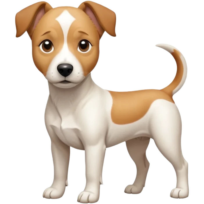 a full body facing front on of a buff white beagle cross jack russell terrier looking dog the size of a kelpie with light brown long ears resting on its face and a light brown patch above one eye and a large snout. the rest of the dog is completely white.  emoji