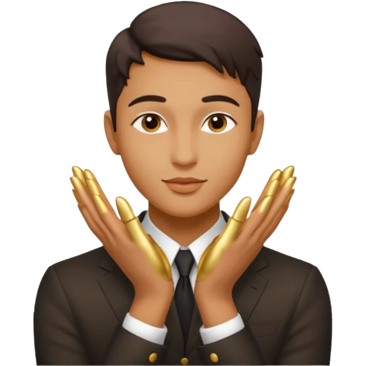 emoji style person gender-neutral slightly masculine gently kissing their own glowing gold hands symbolizing talent, proud warm playful face, compact clean lines bold colors smooth shading minimal details white or transparent background emoji