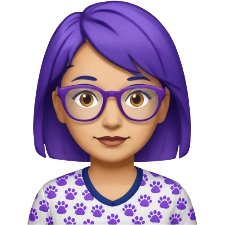 50-year-old woman with hair that is navy blue, purple glasses, and brown eyes, in a shirt with small pawprints all over it. emoji