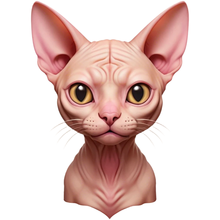 Cinematic Comical Sphynx Cat Portrait Emoji, Head tilted dramatically with an exaggeratedly shocked or offended expression, smooth, wrinkled skin in warm peach and pink hues, large bat-like ears perked up, piercing eyes widened in disbelief, Simplified yet hilariously expressive features, highly detailed, glowing with a slightly sassy glow, high shine, dramatic yet playful, stylized with an air of attitude, bright and endearing, soft glowing outline, capturing the essence of a sassy and over-the-top feline, so meme-worthy it feels like it could side-eye its way into internet fame instantly! emoji