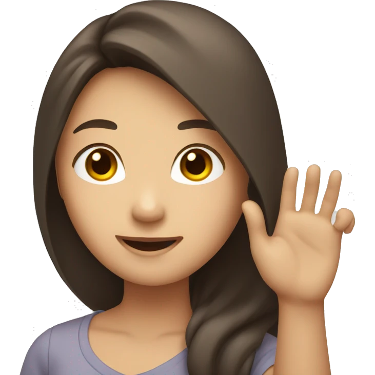 A smiling Asian woman with brown long hair and white skin raising one hand.  emoji