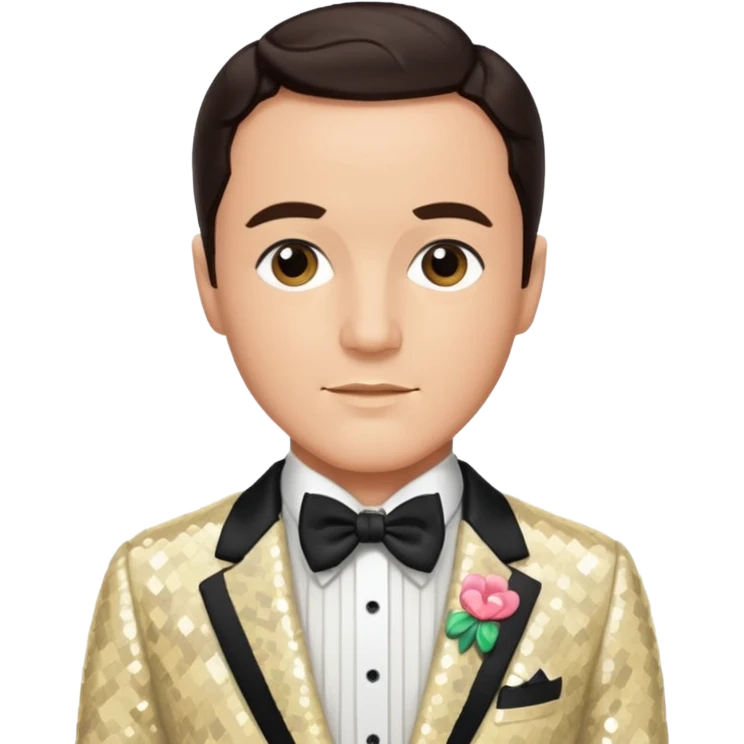 Gene Kelly with dark brown hair, cream sequin suit with bow tie emoji