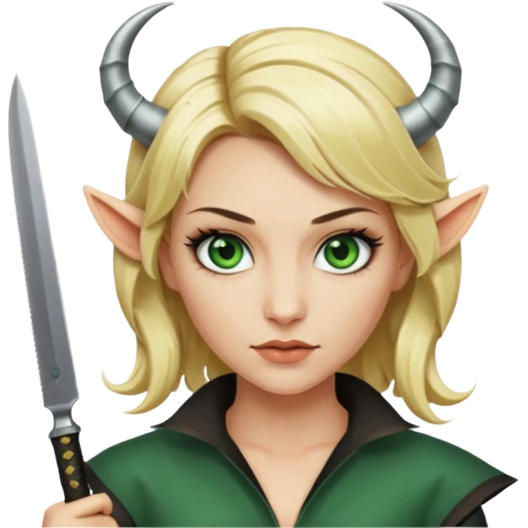 Emoji femme blonde cheveux blond, yeux vert avec de long cils noir qui a des cornes et tiens un couteau  emoji