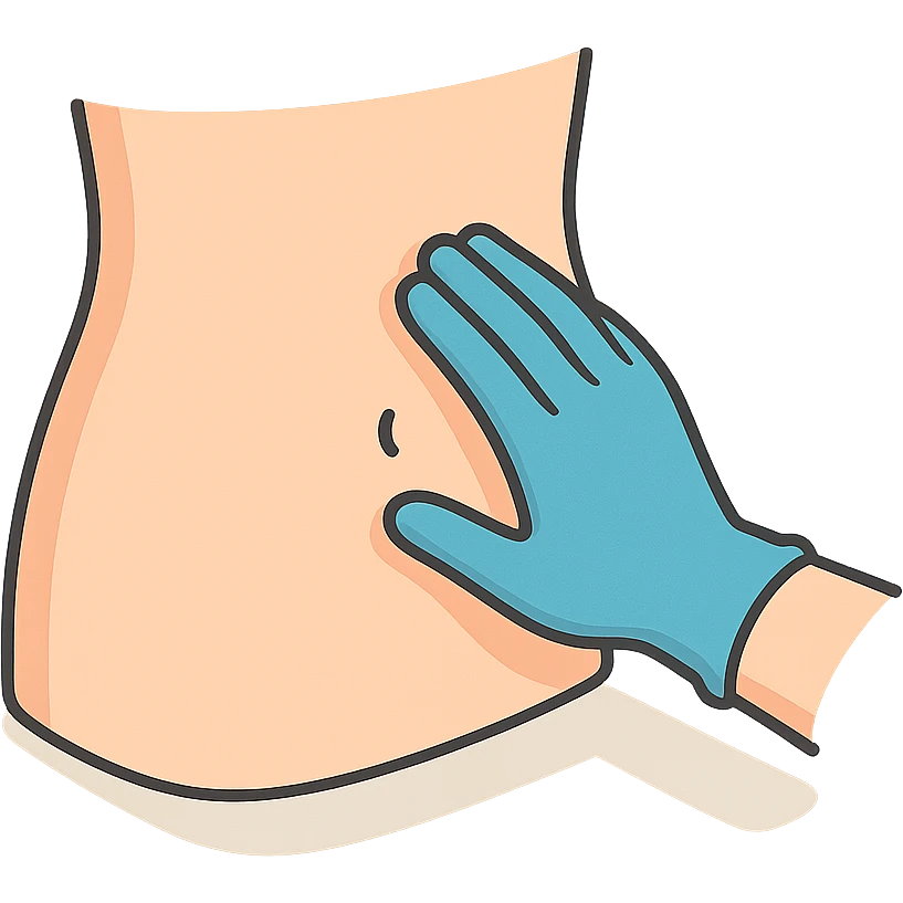 close-up of human abdomen, a doctor's hand palpating, hand coming from the other side, wearing blue glove, 2D isometric style, soft rounded shapes, clean contours, pastel palette, detailed shadows and highlights, modern illustration, transparent background emoji