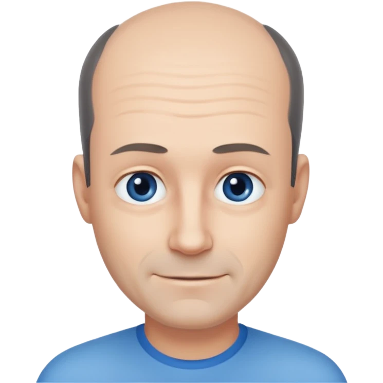 Middle aged man with black-greyish receding hairline, small blue eyes, clear face, shy smile emoji