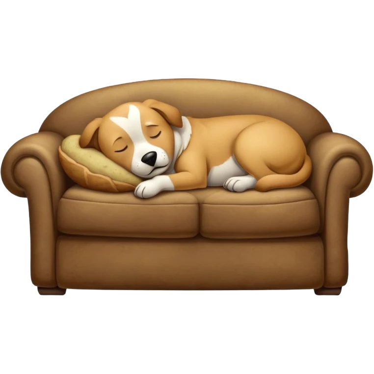 Potato-shaped dog sleeping on an old couch in a dimly lit room — true couch potato dog. emoji