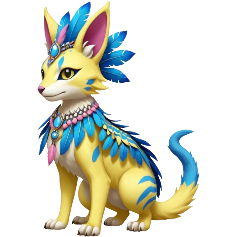 Kawaii cute yellow, blue, pink, exotic tribal beautiful pretty elegant divine edgy feline-vernid-sergal-Fakémon-Pokémon-Digimon-fursona-animal-creature with bracelet, necklace, full body, with intricate detailed markings, feather headdress  emoji