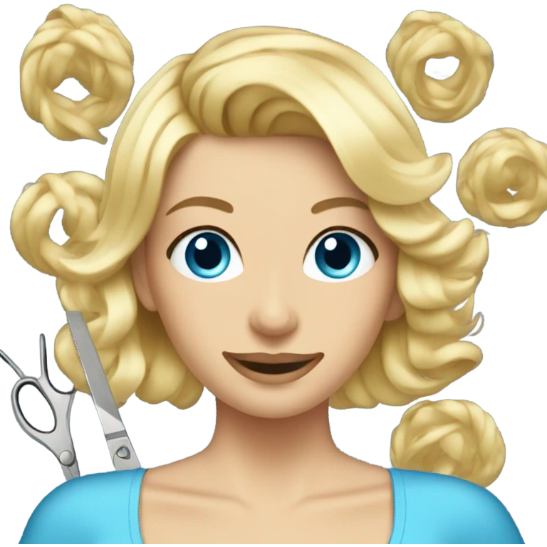 Blonde beautician cutting hair with blue eyes emoji