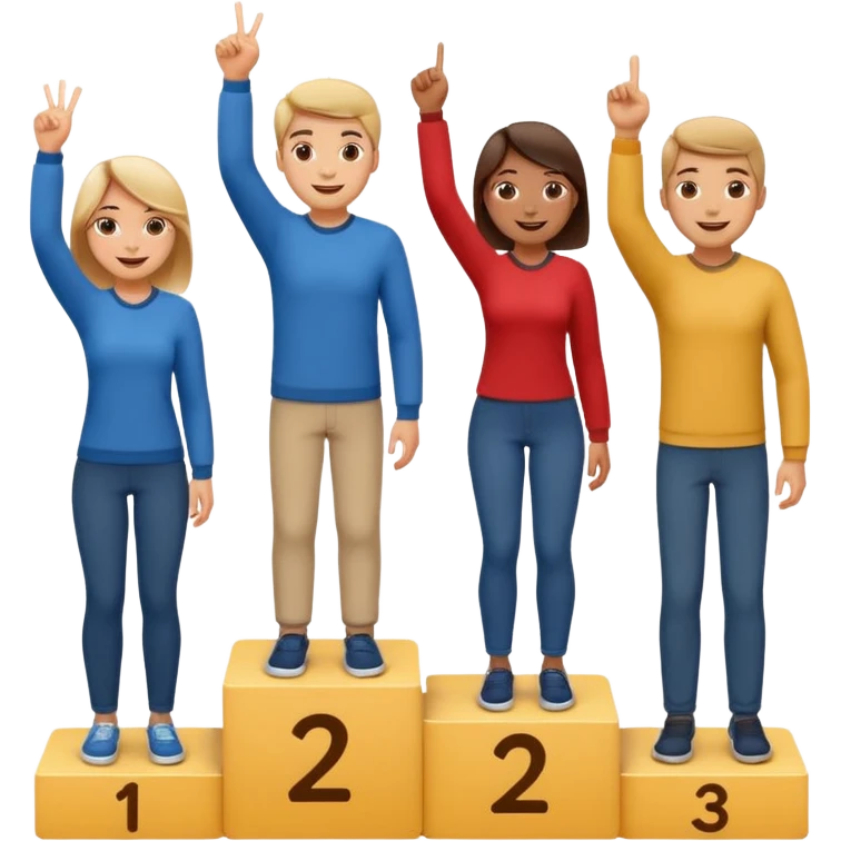 winners podium with three people numbers 2, 1, 3 left to right, all in relaxed casual clothes, center person on 1 step raising one finger on each hand, cheerful expressive friendly emoji style emoji