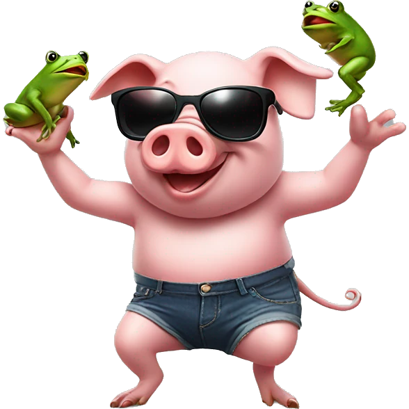Pig in sunglasses dancing with a frog emoji