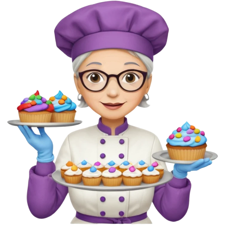 Older female pastry chef – round glasses, oven mitts on, holding a tray of cupcakes

 emoji