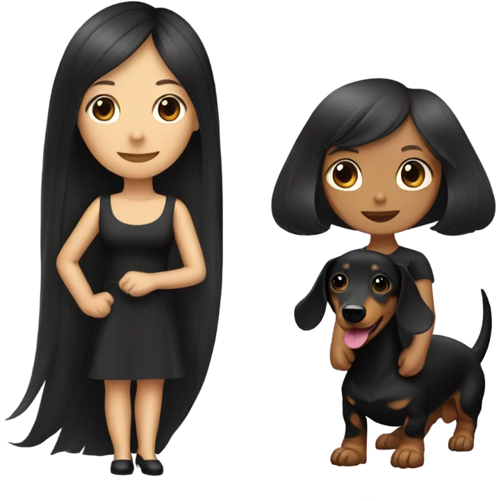 Long-haired dachshund with black-haired Asian girl wearing black dress emoji