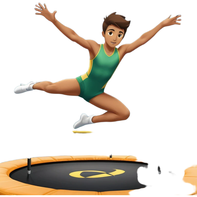 An athletic person soaring high above a trampoline, executing an acrobatic flip with perfect form. The scene captures motion and energy, with a dynamic pose, stretched limbs, and a focused expression. The background suggests a professional trampoline arena with safety padding. emoji