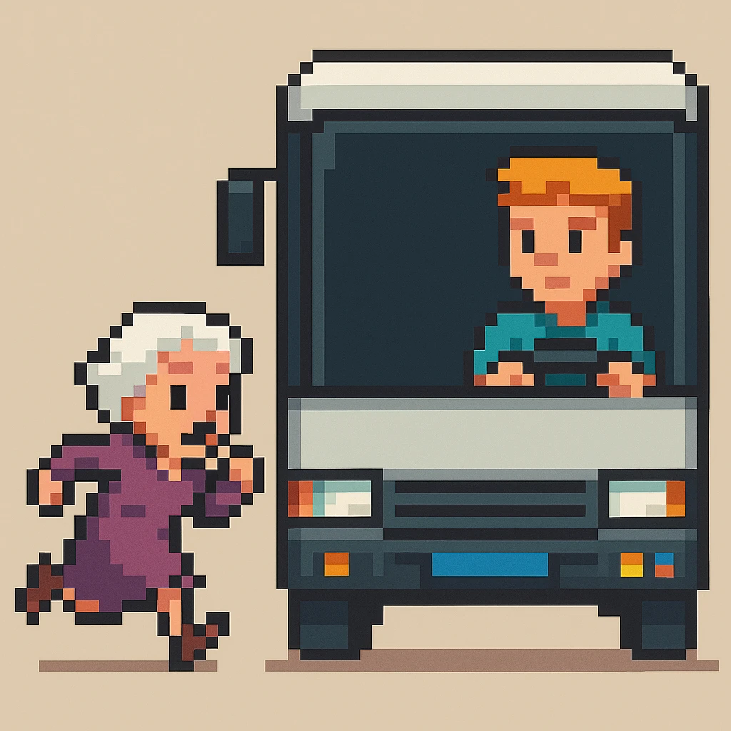 Make it **Pixel Art style**: old lady should run to reach the bus, the driver is man under 30 with orange hair emoji