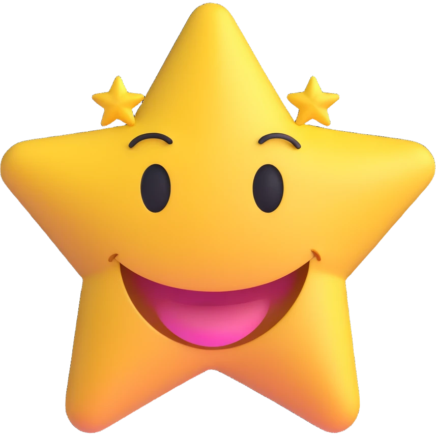 3D smiley emoji, nagy szempillás, csillaggal, örömteli emoji