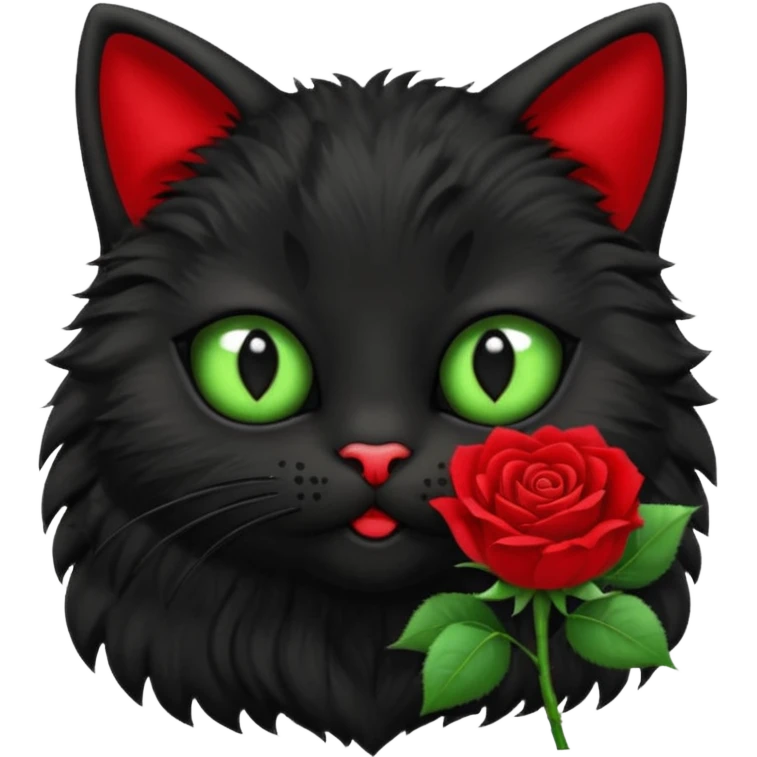 Cute emoji-style black cat holding a red rose in its mouth, big round eyes with light green sclera and black pupils, fluffy fur, clean mascot style, centered, soft beige background, 1:1 ratio. emoji