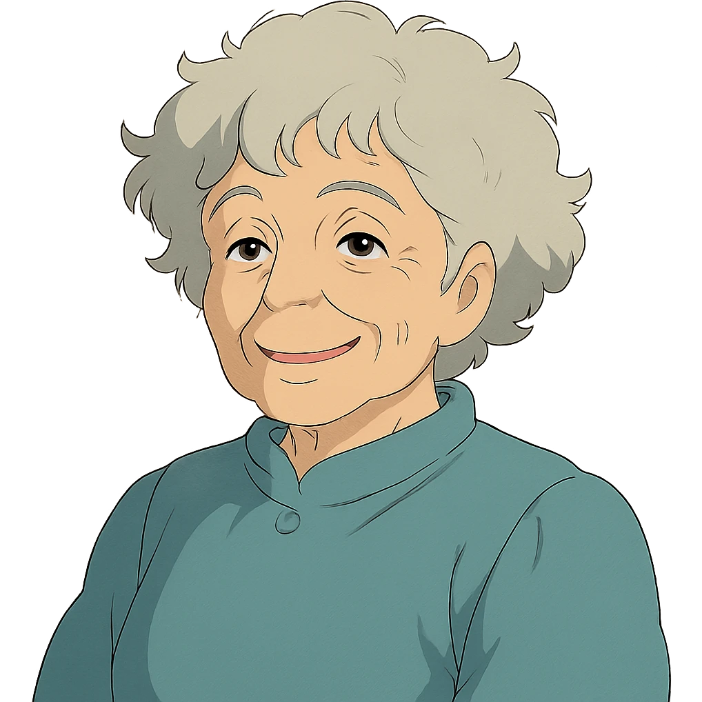 ghibli style older lady with silver curly hair smiling emoji