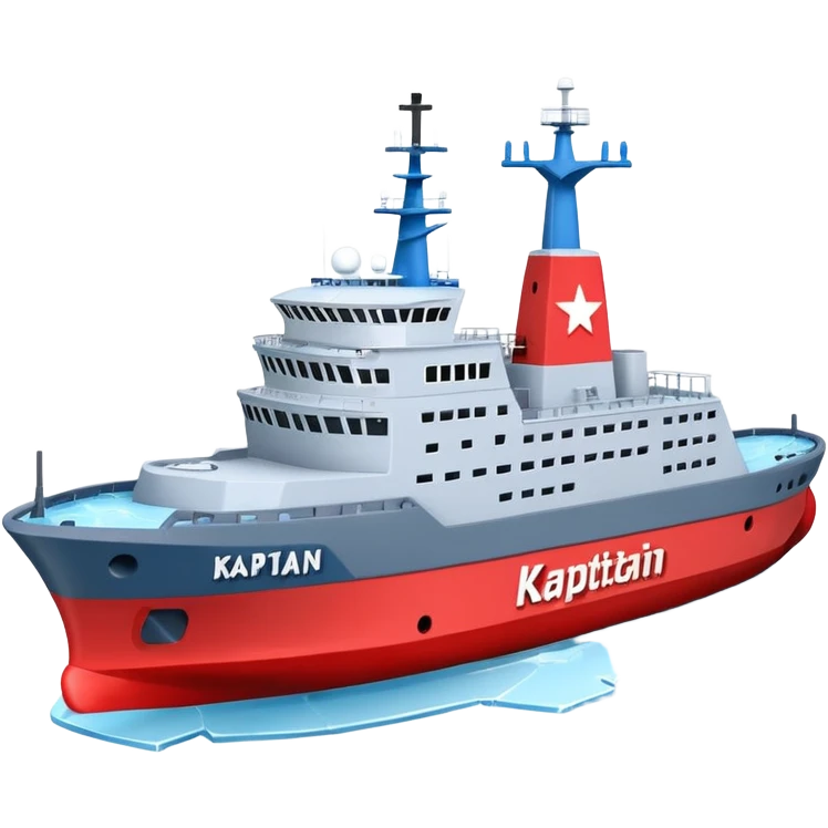 Realistic 3D icon of icebreaker "Kapitan Krutov" (grey hull, red star, white superstructure, "РОСМОРПОРТ" lettering). Soft winter lighting, 3/4 aerial view. Fractured blue ice, white background. High detail, photorealistic GSON style. emoji