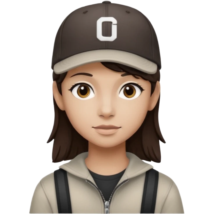 adolescente con gorra, pelo castaño oscuro con rayso de color mono emoji
