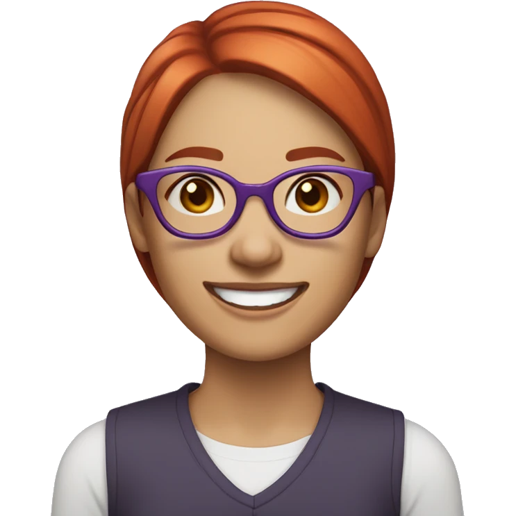Woman with short, straight, red hair, fair skin, smiling with teeth visible, and wearing round purple glasses emoji