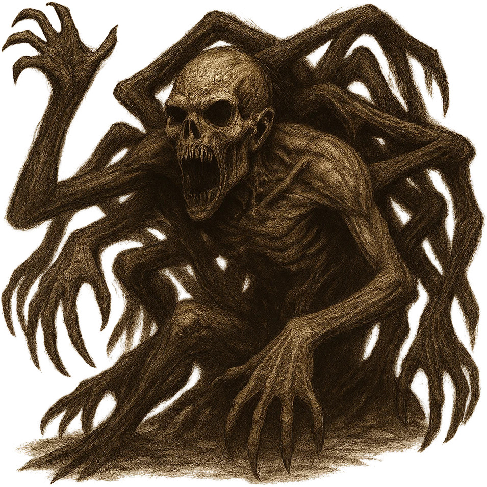 Show the entire monster, make it look huge and terrifying, realistic with multiple limbs and grotesque features, horror illustration style with intense shadows, no background. emoji