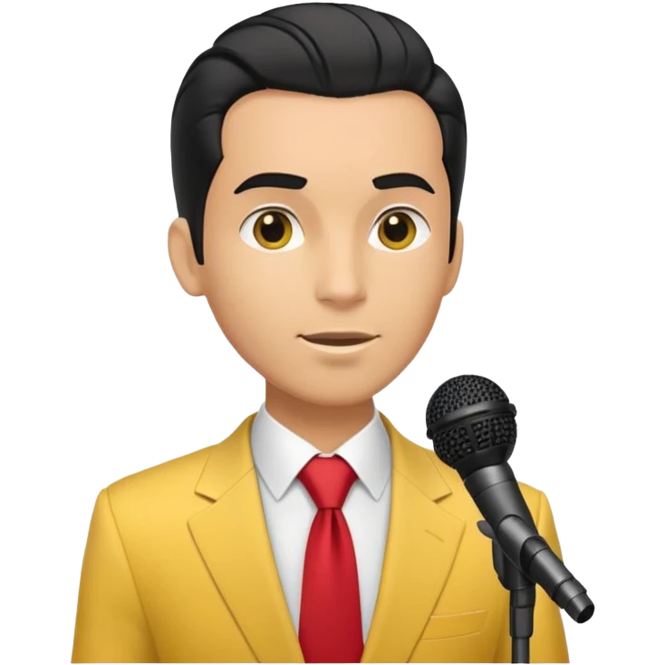 Man with black pulled back hair, wearing a yellow suit and red tie, holding a microphone emoji