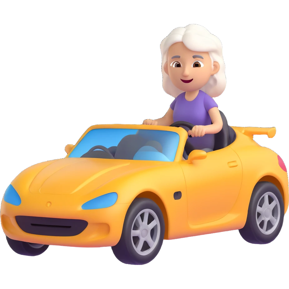 Make the car 20% more realistic while keeping the mother with white hair looking fast and furious, dynamic motion effects, sporty 3D emoji style, no background emoji
