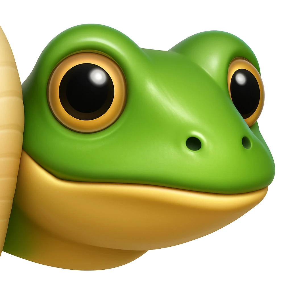 Create an emoji that looks exactly like the reference image in iOS emoji style. The emoji should have 3D appearance, shiny surface, smooth gradients, soft shadows, and a realistic green frog head with a classic emoji look. Add a glossy effect to the skin. emoji