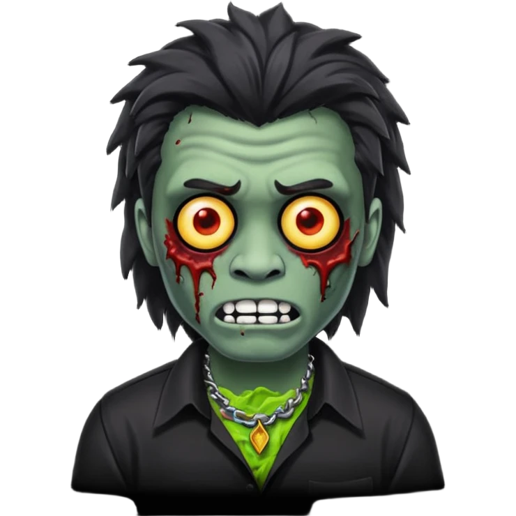 Emoji masculino de zumbi estilo iPhone,com cabelo ondulado mullet e preto, camisa preta e brincos emoji