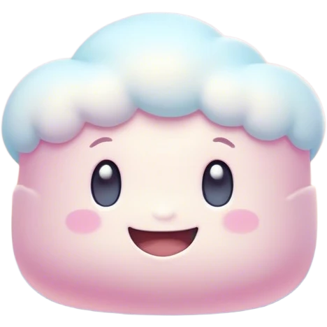 Cinematic fluffy pastel marshmallow character, soft round edges, tiny sparkly eyes, a small happy smile, glowing warmly, floating in a dreamy soft sky. emoji