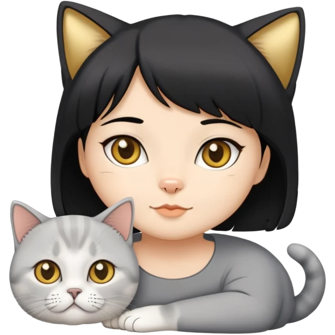 a girl Medium-length black hair + one golden shaded British Shorthair cat + one silver shaded British Shorthair cat. emoji