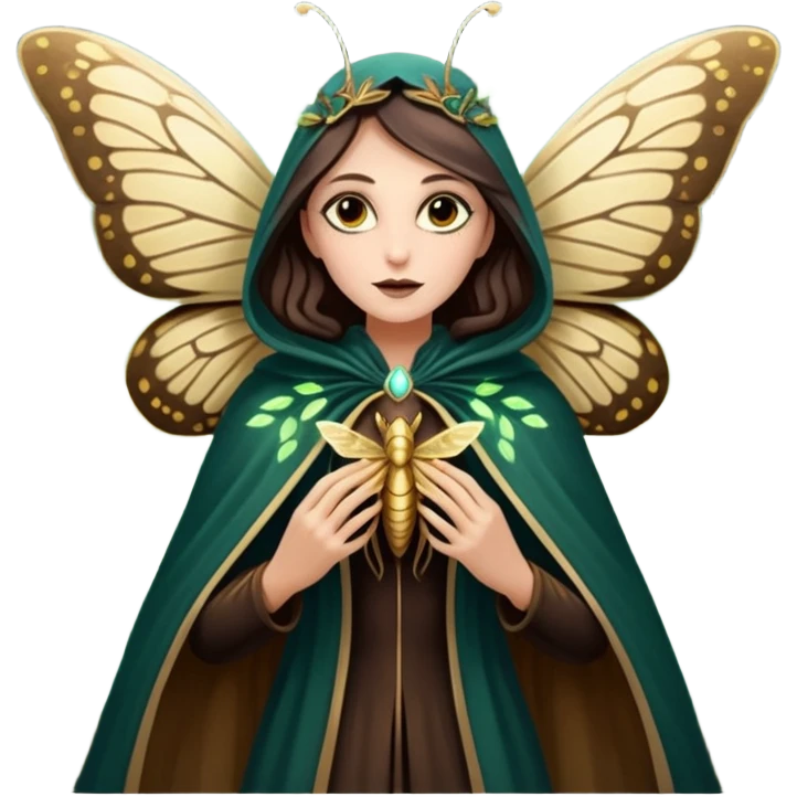 mystical woodland woman dressed as moth queen, velvet wing cloak, glowing dust emoji