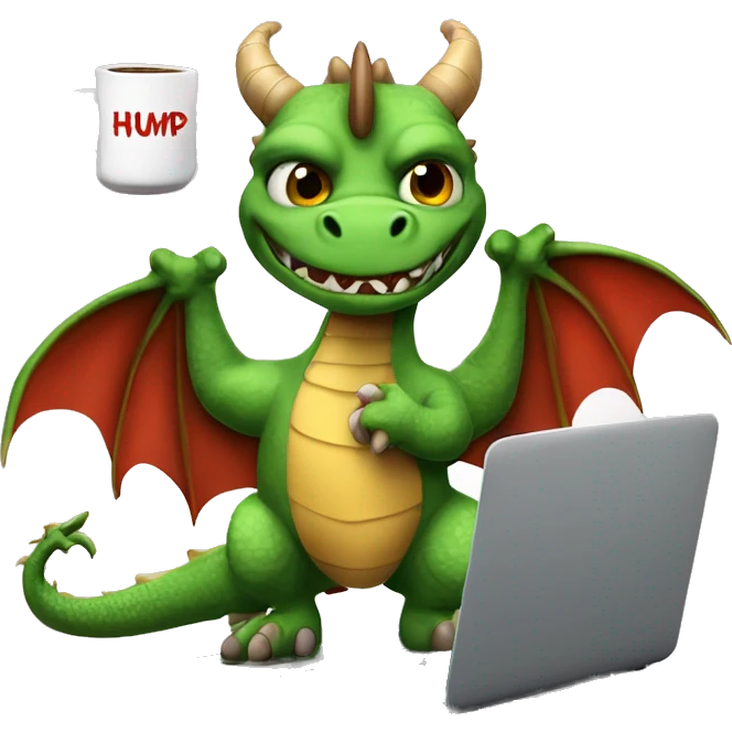 real life dragon with wings, working on a laptop, wearing a shirt with the words hump day on it, with a cup of coffee in his right hand emoji