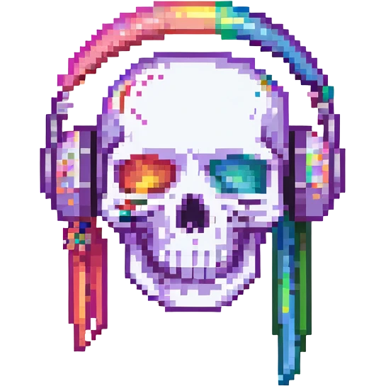 a pixel art skull with pink lipstick and a rainbow headset, for a queer gaming group called Respawn Sluts emoji