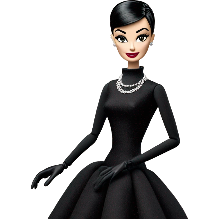 Audrey Hepburn as Sabrina Barbie.Morticia Addams. Show full body. Embroidered long black gown with accessories and gloves  emoji