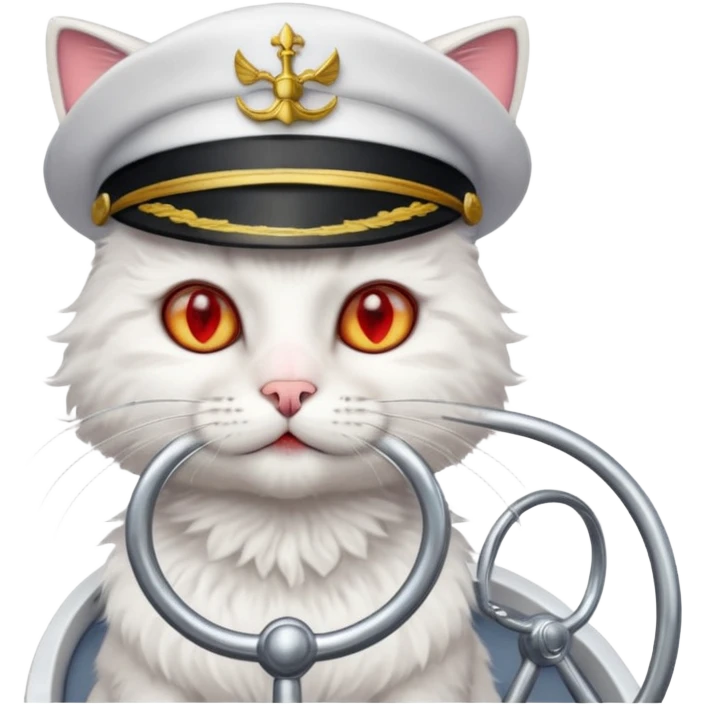 a devlish looking kitty cat at the helm of a catamaran driving it emoji