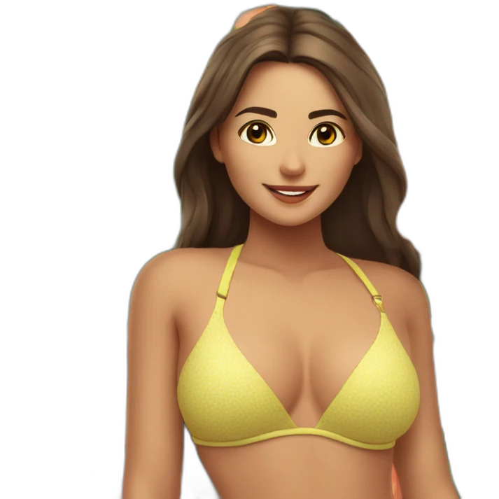 Mujer en bikini sosteniendo flor de María emoji