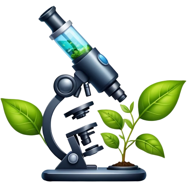 An icon featuring a microscope, a DNA strand, and plant leaves, symbolizing biology. The design includes cells, a test tube with a plant sample, representing life sciences, ecosystems, and the study of organisms. Transparent background highlights the exploration of living systems. emoji