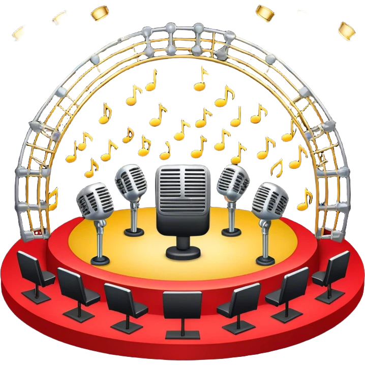 Create a vibrant and dynamic emoji that represents choral vocal performance. The design should feature 10 vintage stage microphones arranged in a semi-circle on a concert stage, symbolizing a vocal group or choir. Add musical notes flowing around the microphones to represent harmony and unity in the performance. Include concert lighting and a celebratory atmosphere to convey the excitement of live music. Use bright, bold colors like red, gold, and silver to emphasize the energy and glamour of the stage. The background should be transparent. emoji