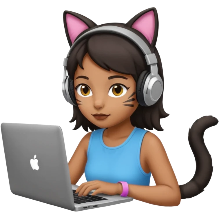 black girl who works remotely through a laptop with cat ear headphones emoji