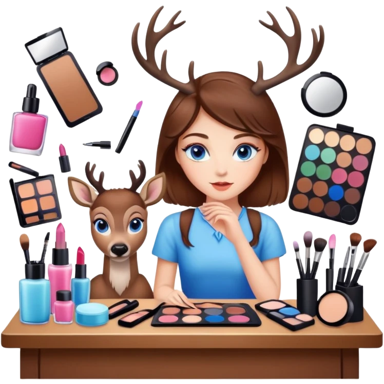 Girly deer with make up desk wit a bf lot cosmetics stuff, brown hair, blue eyes emoji