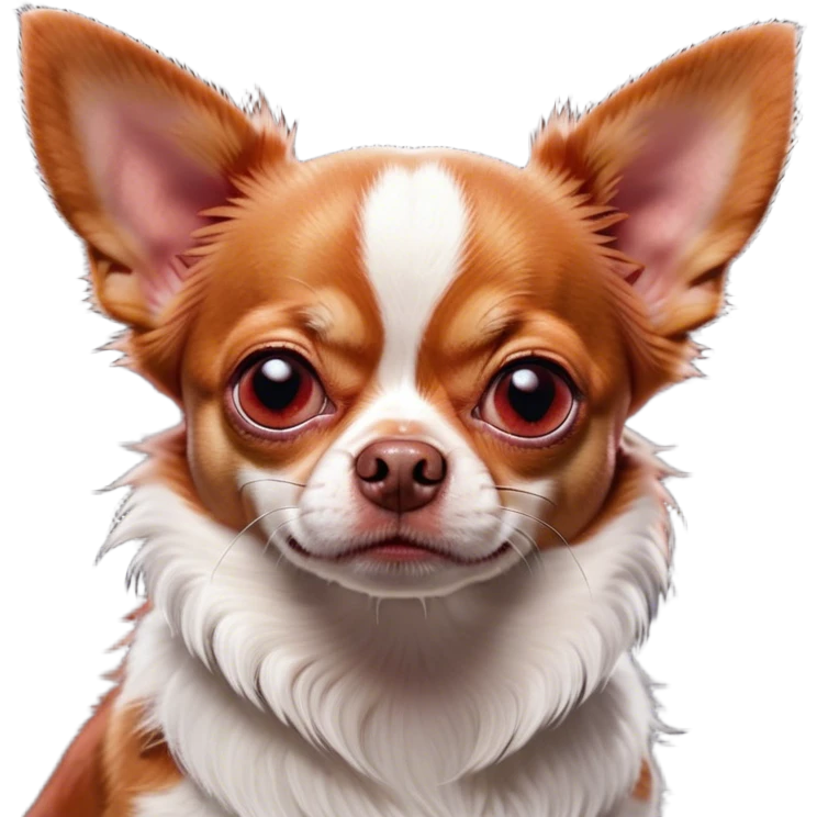 Cinematic Grumpy Red/White Short Haired Chihuahua Portrait Emoji, Head tilted slightly with a deeply unimpressed expression, thick red and white fur with bold patches, large, droopy dark eyes narrowed into an unamused glare, ears slightly drooping in exasperation, Simplified yet comically expressive features, highly detailed, glowing with a dry, sarcastic glow, high shine, effortlessly judgmental yet dignified, stylized with a touch of cynicism, bright but brooding, soft glowing outline, capturing the essence of an eternally unimpressed yet endearing pup, so lifelike it feels like it could sigh heavily at you in disdain at any moment! emoji