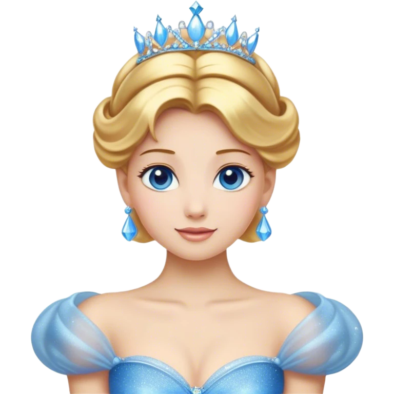 Cinematic Stunning Cinderella Portrait Emoji, Radiant in her sparkling blue ball gown, golden hair in a perfect updo, soft blue eyes full of wonder, glistening tiara, glowing with an ethereal beauty, regal yet kind, a dreamlike aura surrounds her, capturing the essence of a fairy tale princess, elegant and breathtaking! emoji